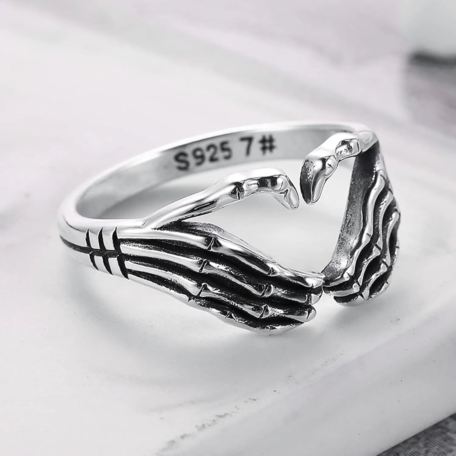 S925 Sterling Silver Heart Skull Hand Hug Ring for Women Men Son Adjustable Vintage Skeleton Hand Hip Hop Ring Retro Punk Gothic Statement Friendship Ring Jewelry Birthday Gifts for Her