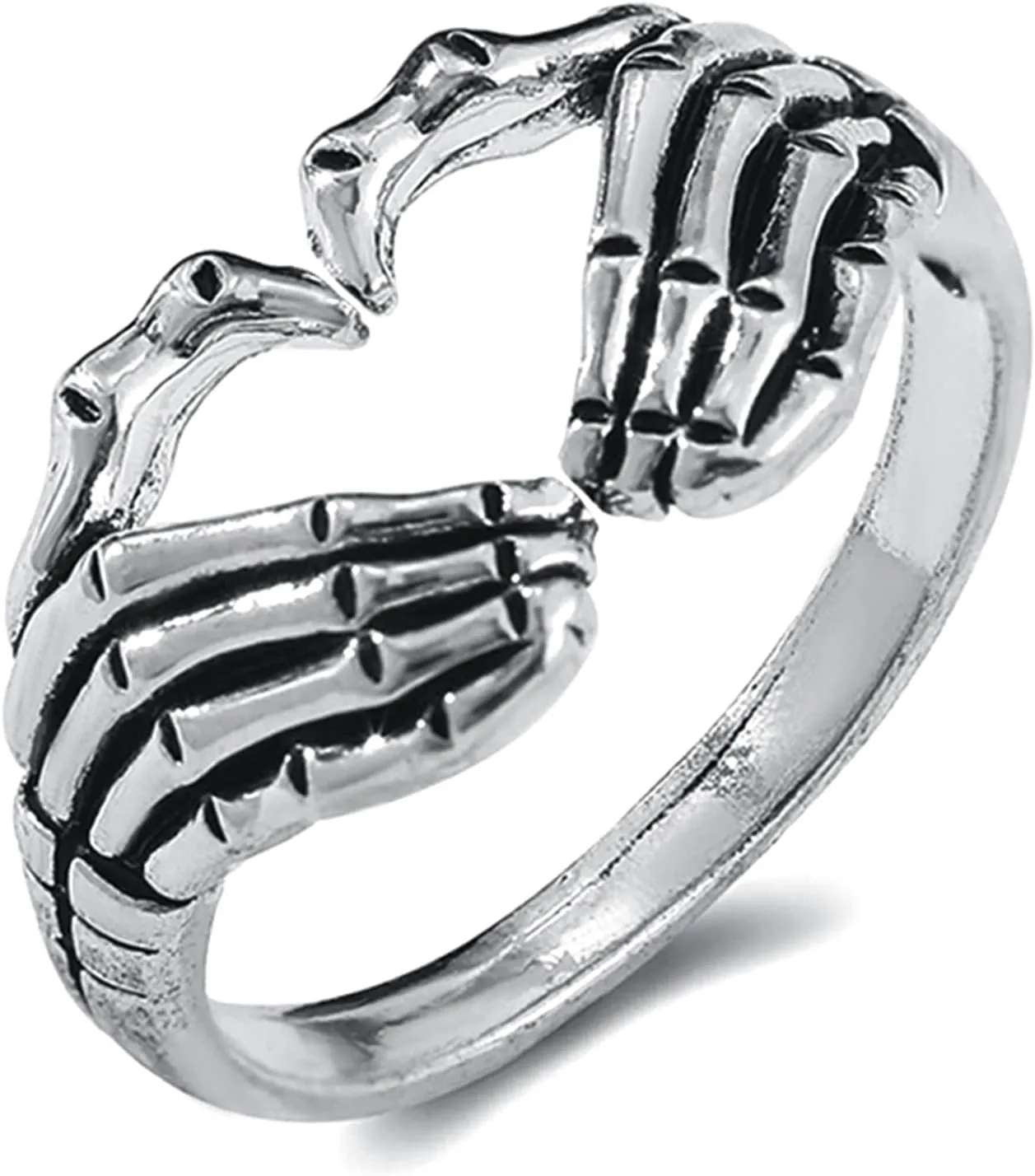 S925 Sterling Silver Heart Skull Hand Hug Ring for Women Men Son Adjustable Vintage Skeleton Hand Hip Hop Ring Retro Punk Gothic Statement Friendship Ring Jewelry Birthday Gifts for Her