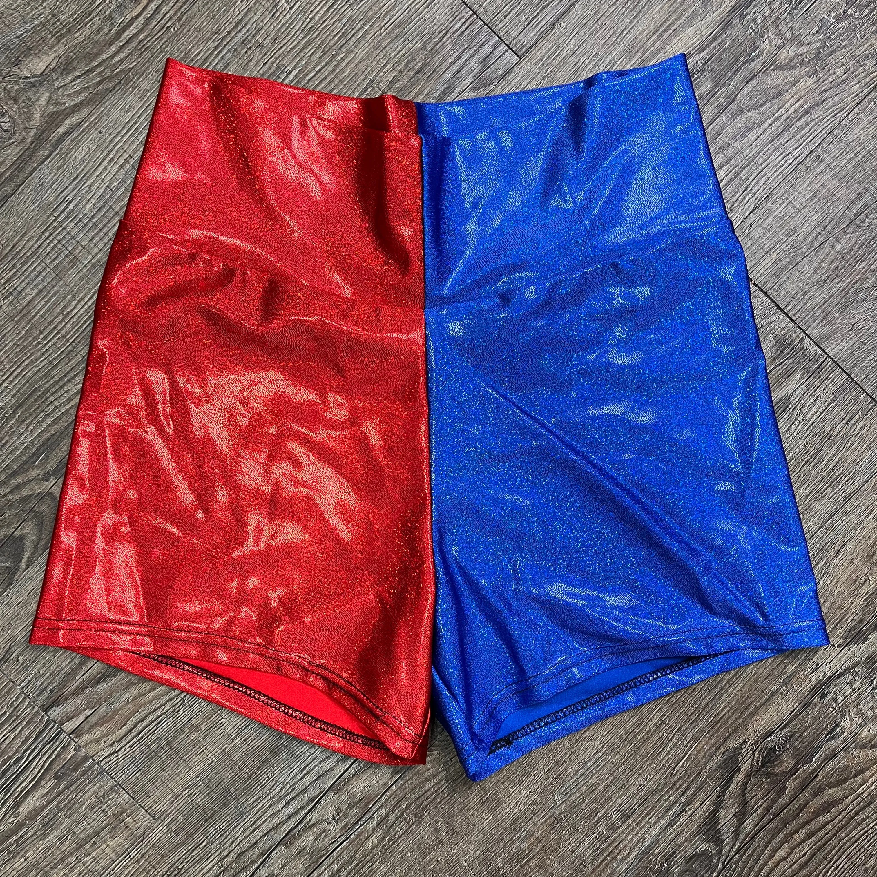 SALE - 3.5" Inseam High Waisted Booty Shorts - Harley Quinn Blue/Red Mystique