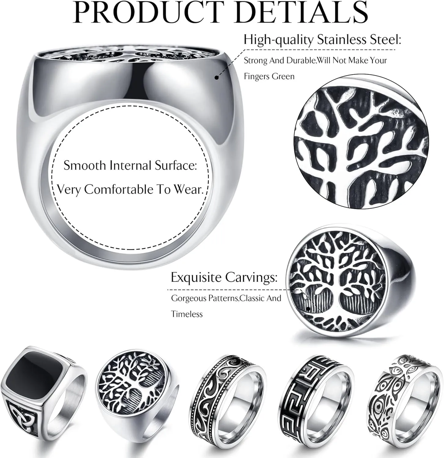 Sanfenly 5Pcs Stainless Steel Rings for Men Greek Signet Thumb Silver Retro Carving Celtic Band Rings Vintage Biker Band Rings Set