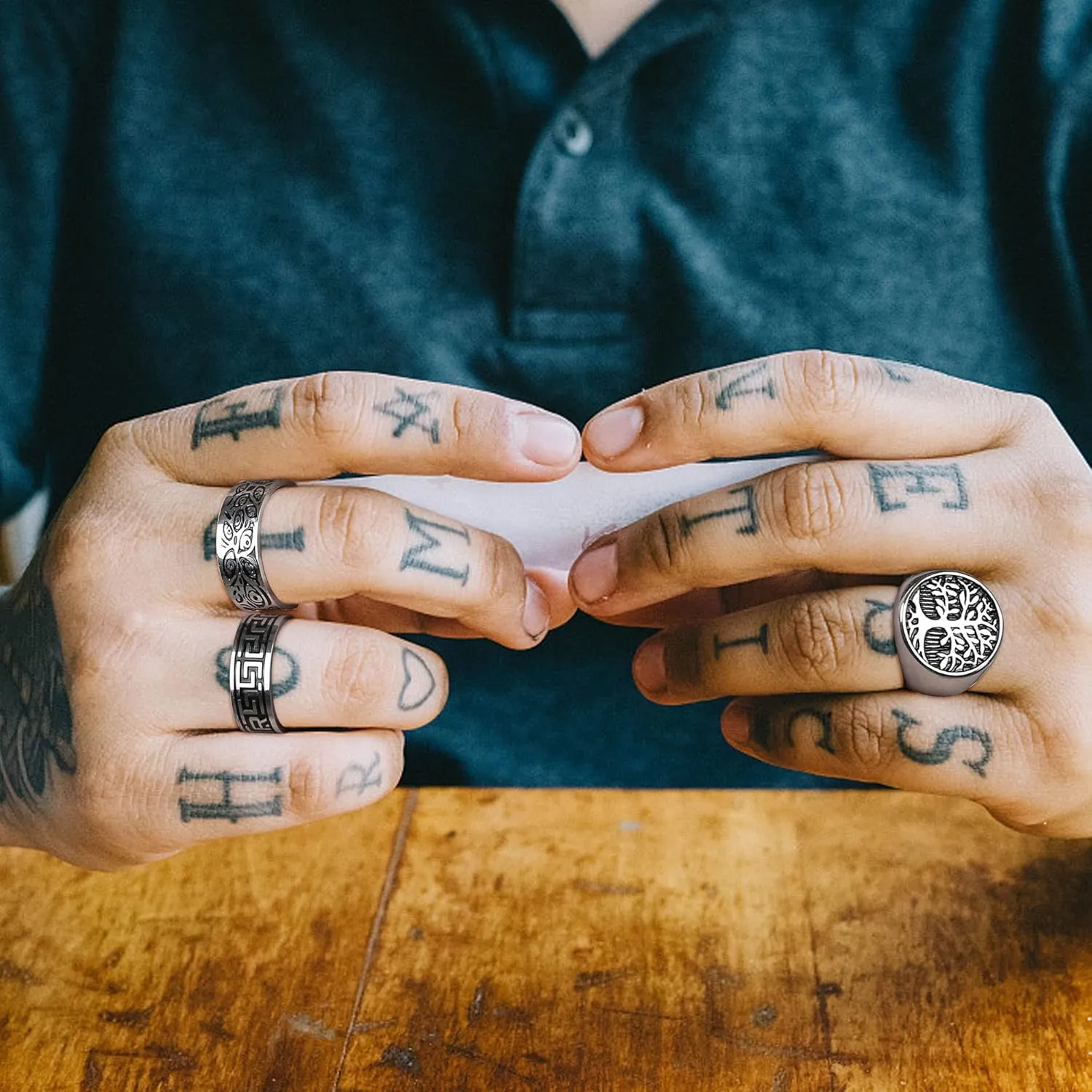 Sanfenly 5Pcs Stainless Steel Rings for Men Greek Signet Thumb Silver Retro Carving Celtic Band Rings Vintage Biker Band Rings Set