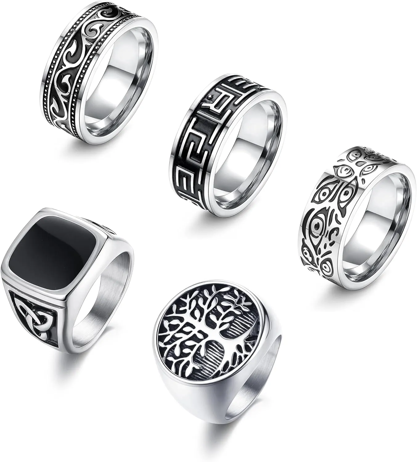 Sanfenly 5Pcs Stainless Steel Rings for Men Greek Signet Thumb Silver Retro Carving Celtic Band Rings Vintage Biker Band Rings Set