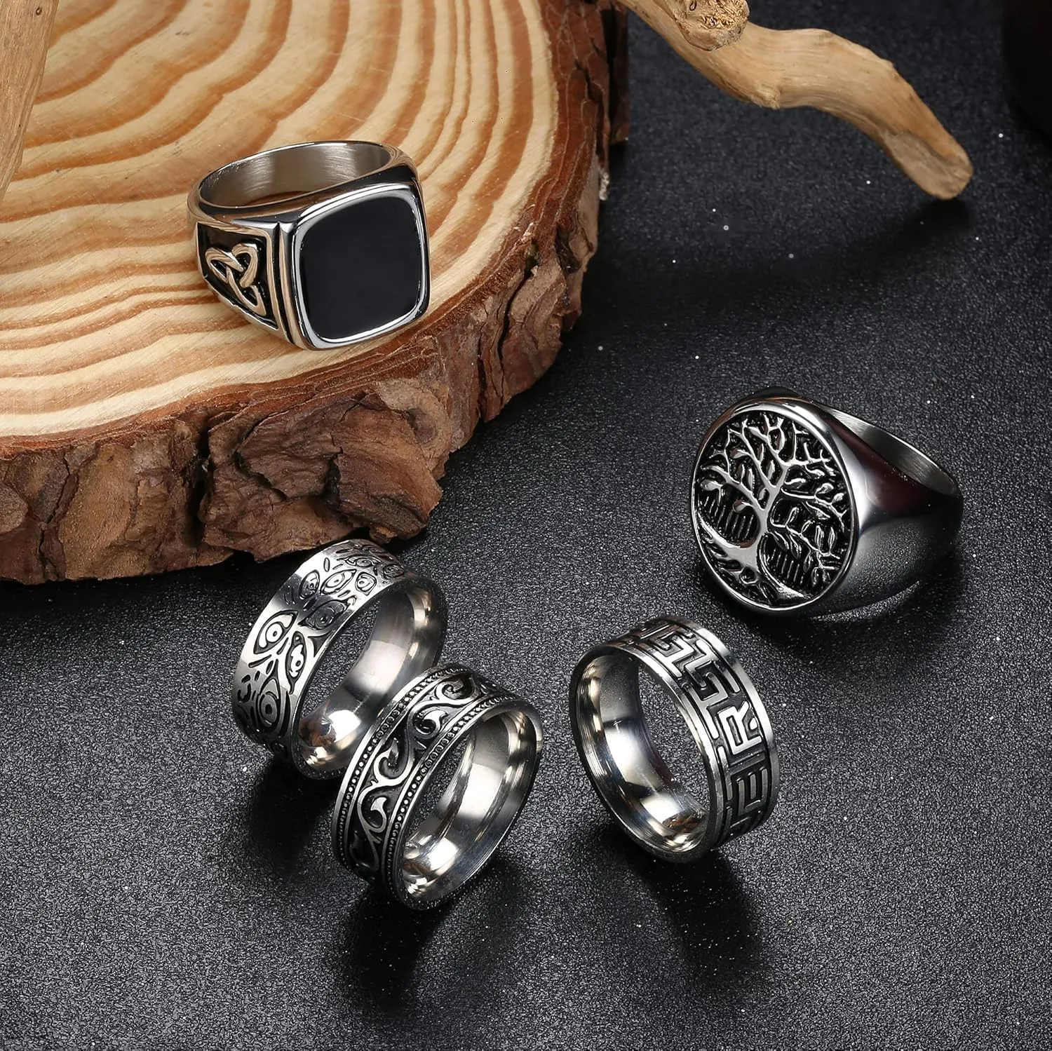 Sanfenly 5Pcs Stainless Steel Rings for Men Greek Signet Thumb Silver Retro Carving Celtic Band Rings Vintage Biker Band Rings Set