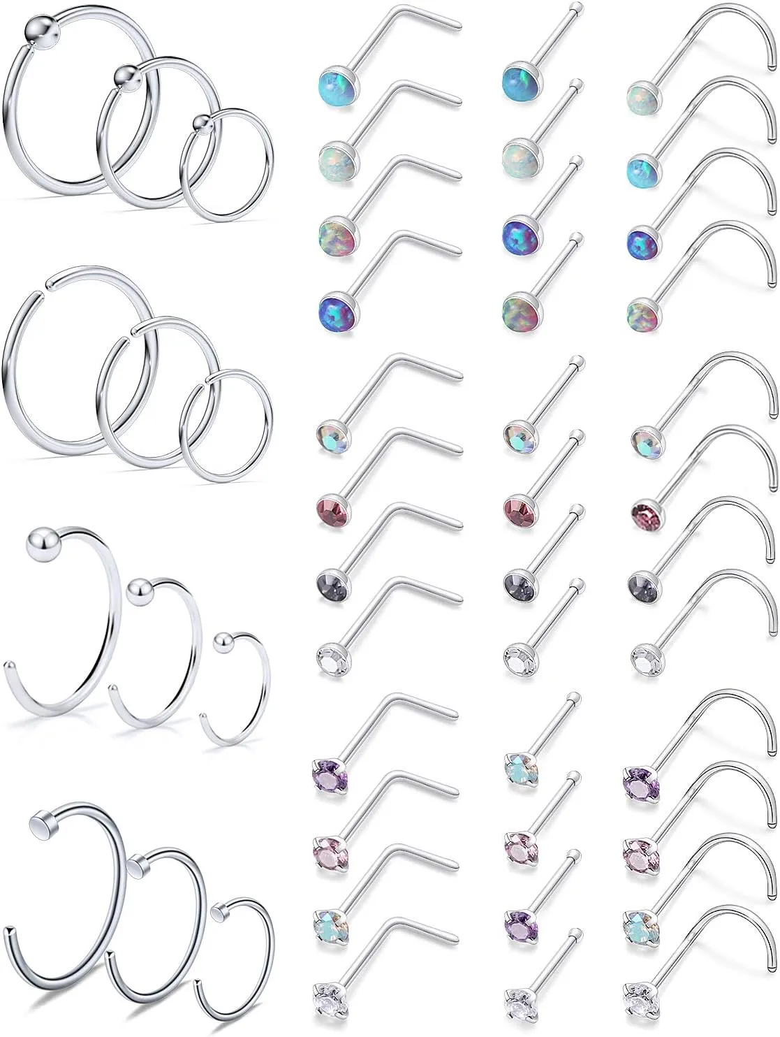 SCERRING 22 Gauge Nose Rings Hoop Stainless Steel Bone L Shaped Screw 1.5-4mm Opal CZ Nose Studs Cartilage Daith Tragus Ear Piercing Ring Hoop Body Jewelry Set