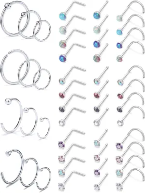 SCERRING 22 Gauge Nose Rings Hoop Stainless Steel Bone L Shaped Screw 1.5-4mm Opal CZ Nose Studs Cartilage Daith Tragus Ear Piercing Ring Hoop Body Jewelry Set