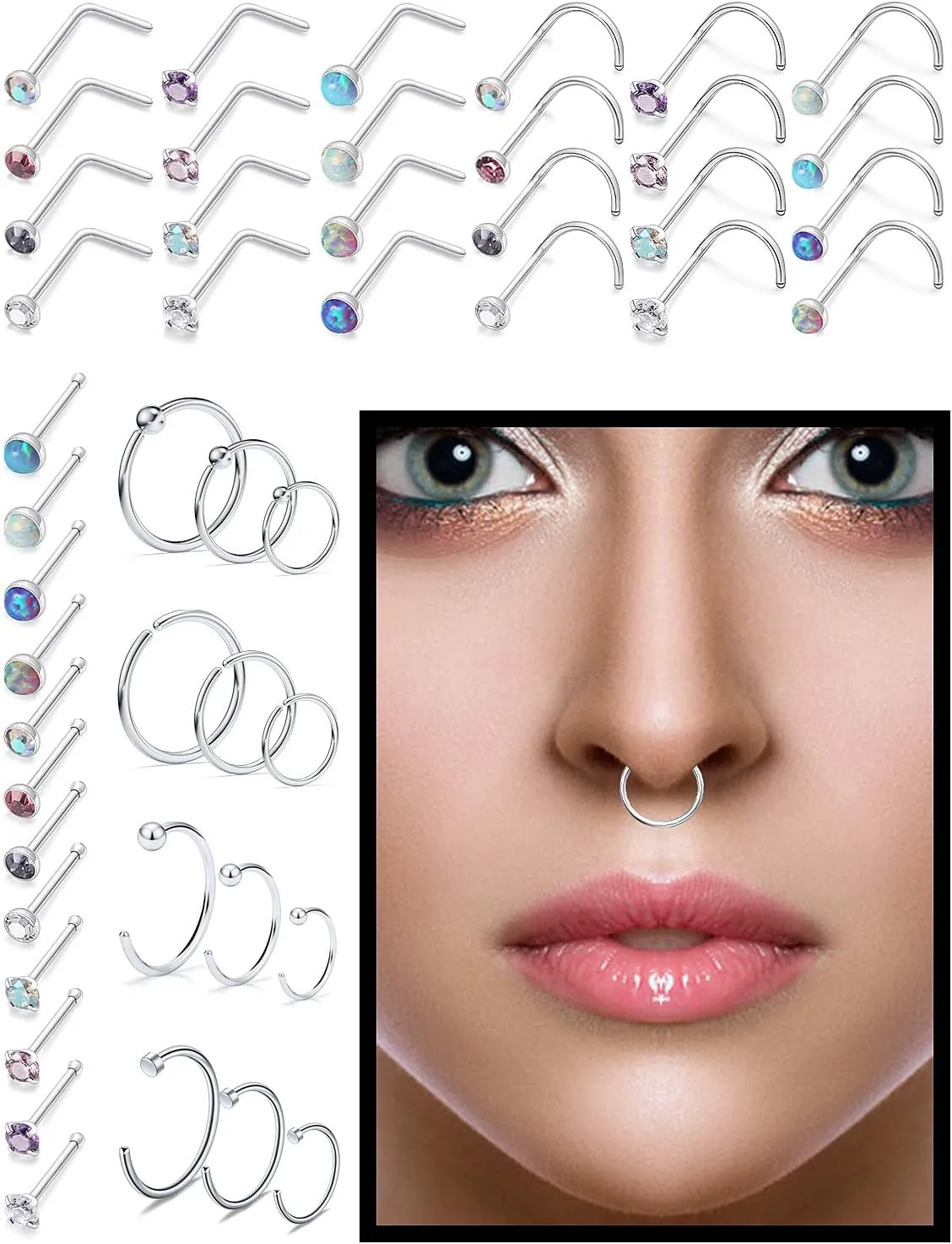 SCERRING 22 Gauge Nose Rings Hoop Stainless Steel Bone L Shaped Screw 1.5-4mm Opal CZ Nose Studs Cartilage Daith Tragus Ear Piercing Ring Hoop Body Jewelry Set