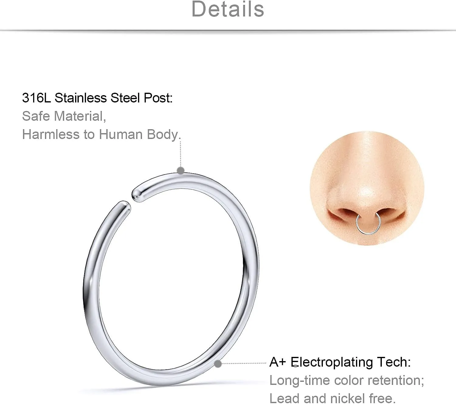 SCERRING 22 Gauge Nose Rings Hoop Stainless Steel Bone L Shaped Screw 1.5-4mm Opal CZ Nose Studs Cartilage Daith Tragus Ear Piercing Ring Hoop Body Jewelry Set