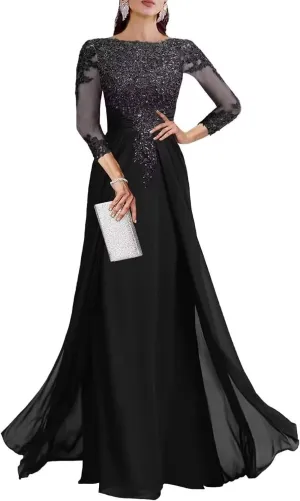 Sequin Mother of The Bride Dresses for Wedding 3/4 Sleeve Chiffon Long Formal Evening Party Dresses for Women