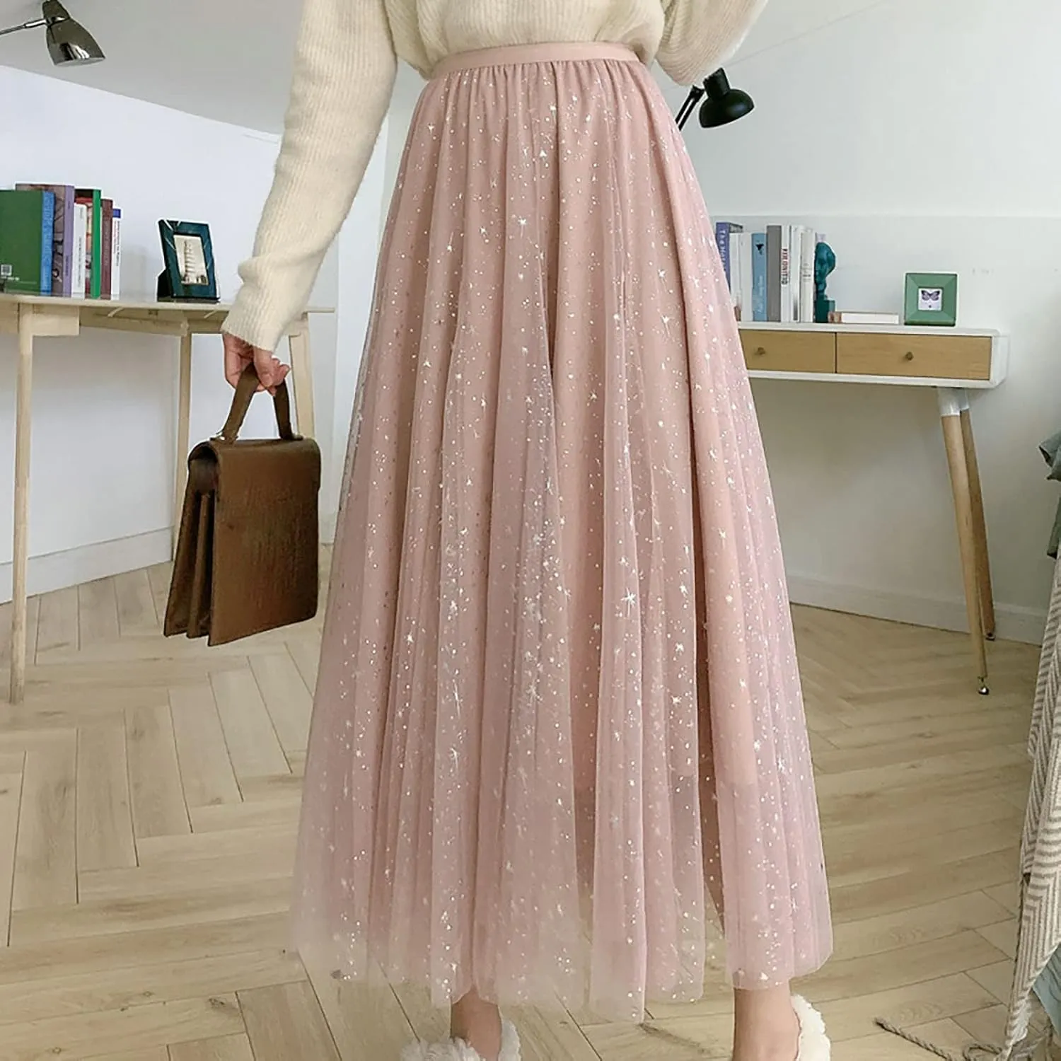 Sequin Tulle Skirts for Women Midi Long Fairy Skirt Tutu A-Line Skirt Mesh Layered Elastic Waist Sparkly Petticoat