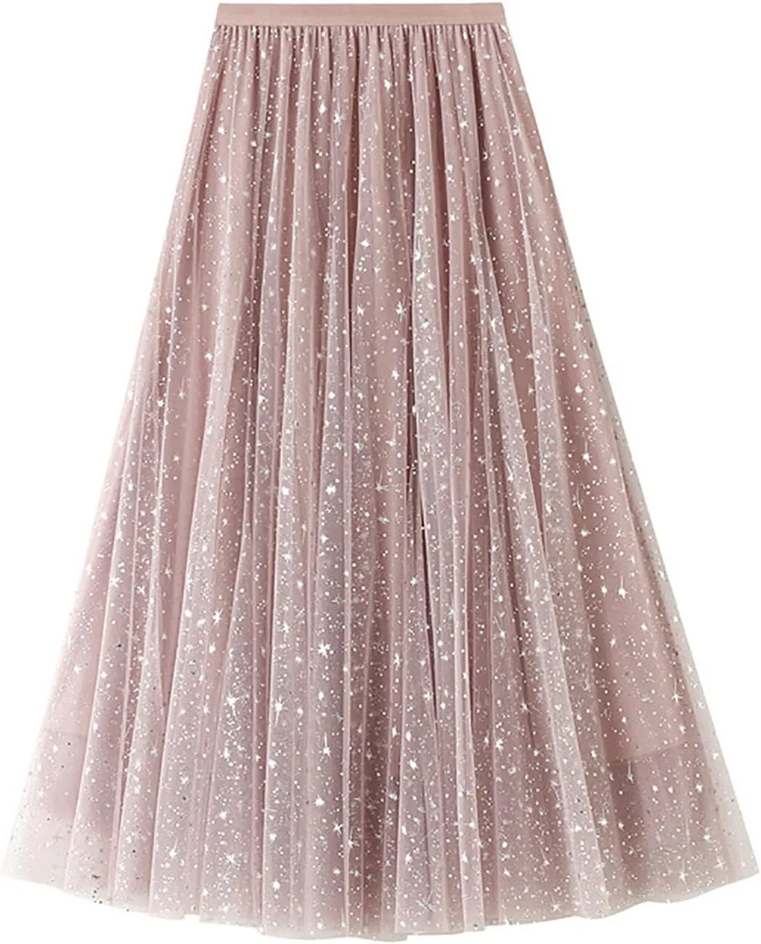 Sequin Tulle Skirts for Women Midi Long Fairy Skirt Tutu A-Line Skirt Mesh Layered Elastic Waist Sparkly Petticoat