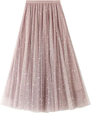Sequin Tulle Skirts for Women Midi Long Fairy Skirt Tutu A-Line Skirt Mesh Layered Elastic Waist Sparkly Petticoat