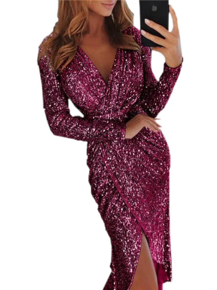 Sexy Sequins Asymmetrical Hem V Neck Dress
