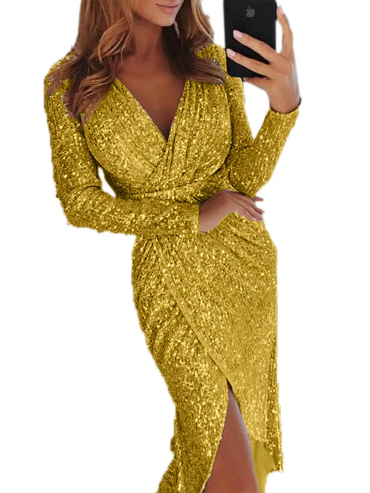 Sexy Sequins Asymmetrical Hem V Neck Dress