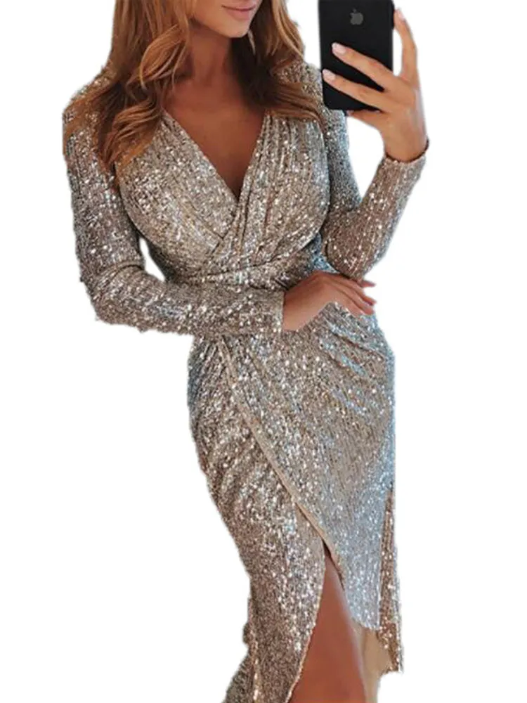 Sexy Sequins Asymmetrical Hem V Neck Dress
