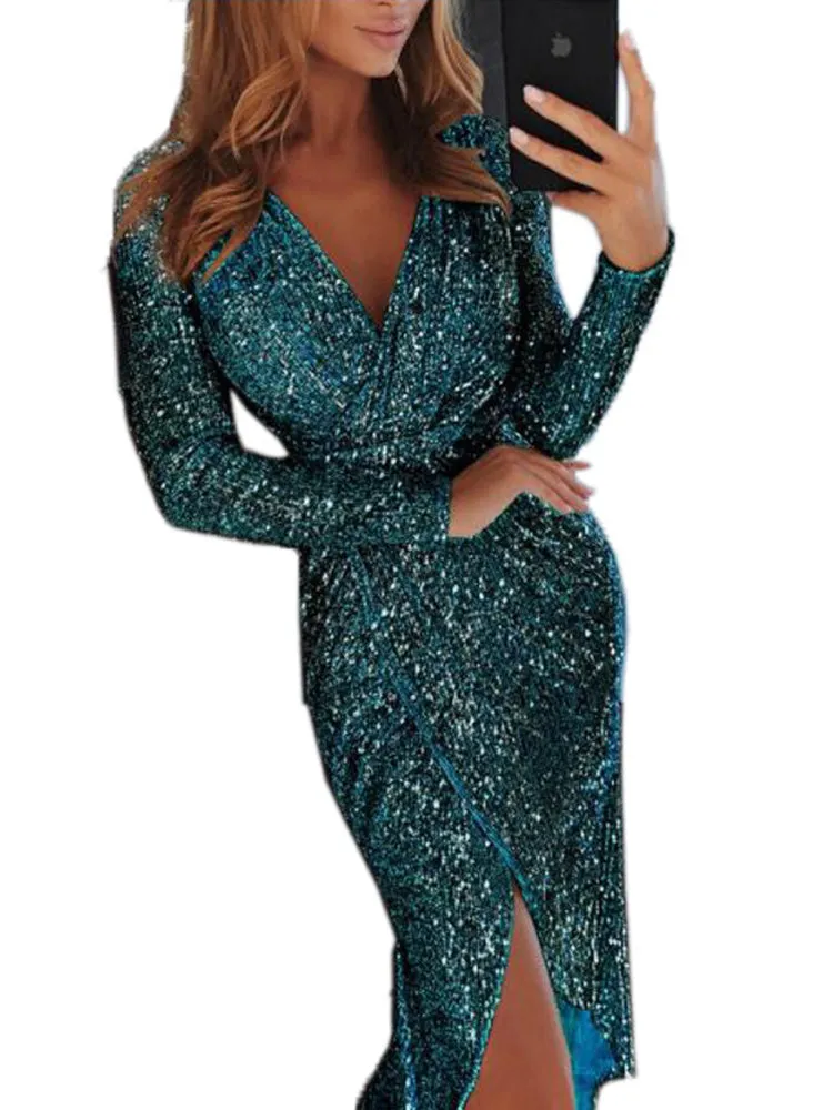 Sexy Sequins Asymmetrical Hem V Neck Dress