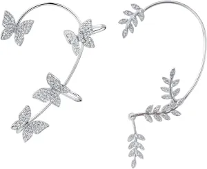 Shining Butterfly Ear Cuffs Zircon Butterfly Earrings and Leaf Ear Jacket Climber Crawler Earrings Ear Wrap Earrings for Women, Cute Hypoallergenic Stud Earrings Left Ear 2 Pcs