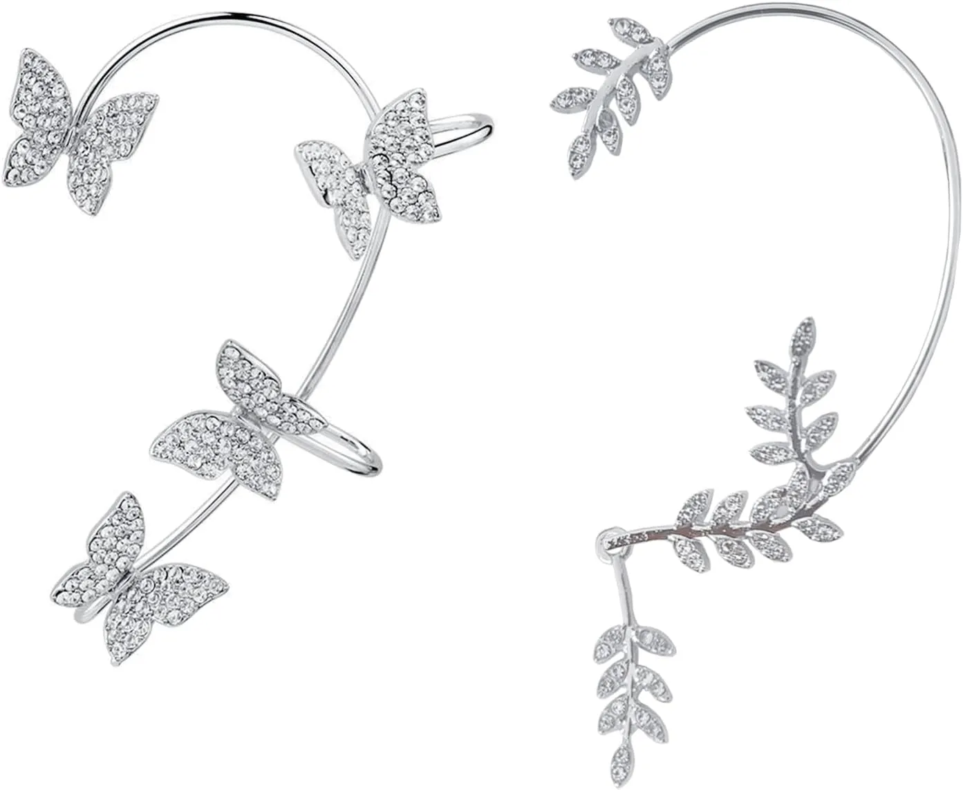 Shining Butterfly Ear Cuffs Zircon Butterfly Earrings and Leaf Ear Jacket Climber Crawler Earrings Ear Wrap Earrings for Women, Cute Hypoallergenic Stud Earrings Left Ear 2 Pcs