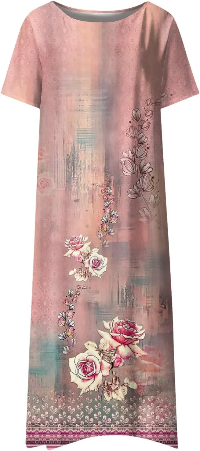 Short Sleeve Dress Womens Summer Round Neck Basic Dresses Floral Print 2024 Loose Ladies Pocket Daily Midi Dresses