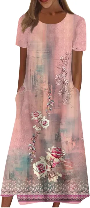 Short Sleeve Dress Womens Summer Round Neck Basic Dresses Floral Print 2024 Loose Ladies Pocket Daily Midi Dresses
