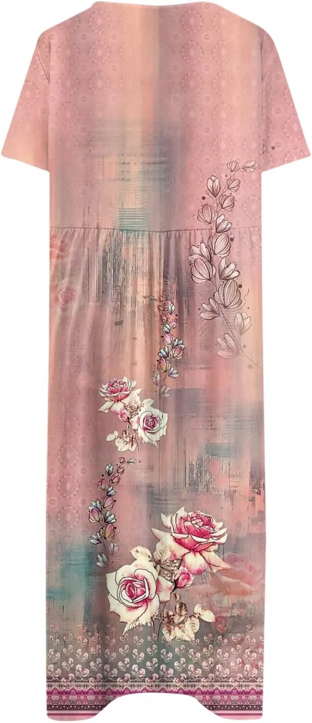 Short Sleeve Dress Womens Summer Round Neck Basic Dresses Floral Print 2024 Loose Ladies Pocket Daily Midi Dresses