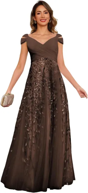 Short Sleeve Mother of The Bride Dresses for Wedding 2025 Women Sequin Sparkly Long Evening Dresses PU188
