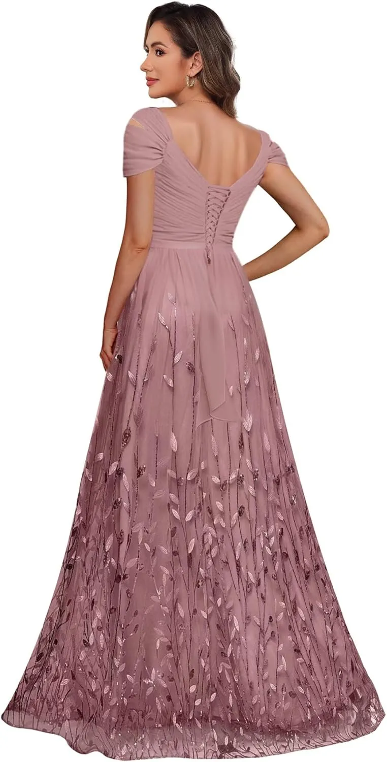 Short Sleeve Mother of The Bride Dresses for Wedding 2025 Women Sequin Sparkly Long Evening Dresses PU188