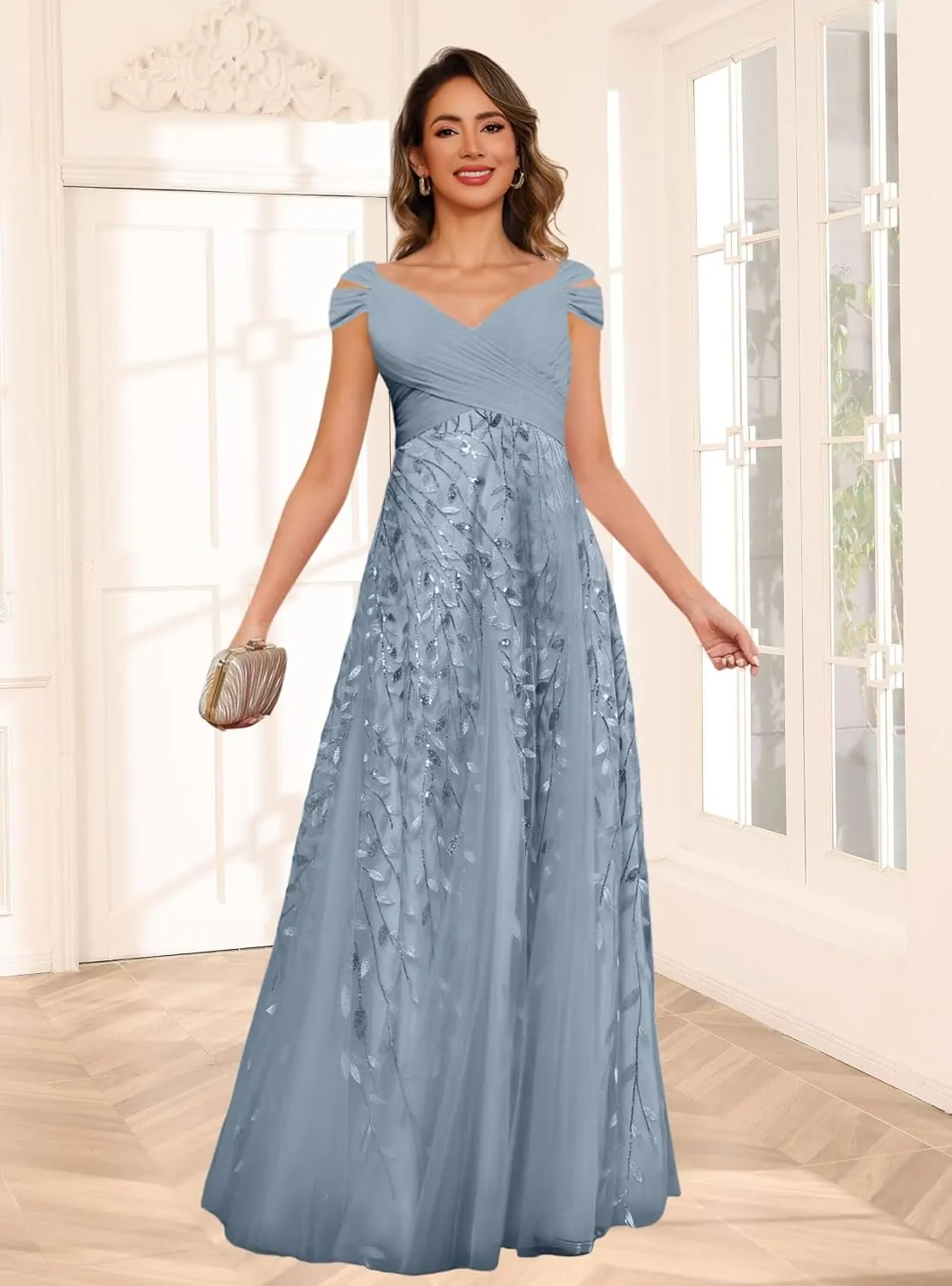 Short Sleeve Mother of The Bride Dresses for Wedding 2025 Women Sequin Sparkly Long Evening Dresses PU188