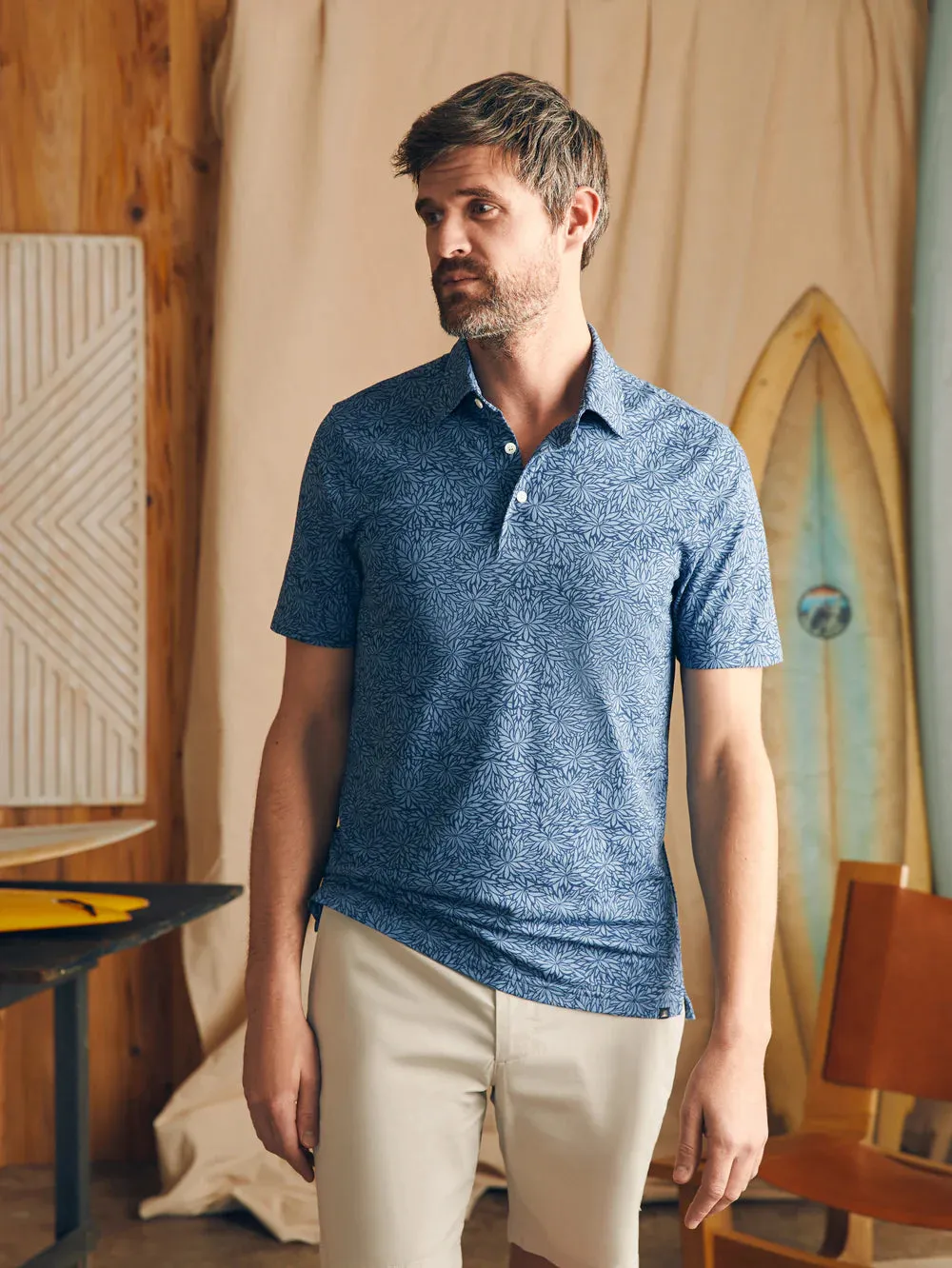 Short Sleeve Movement Pique Polo - Horizon Blue Frond Print