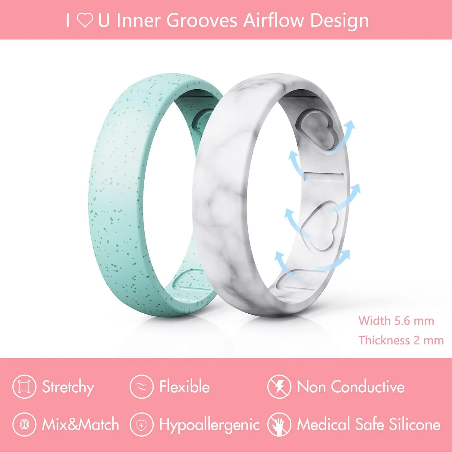 Silicone Rings for Women - Heart [I Love U] Pattern Airflow Inner Grooves Breathable Rubber Wedding Ring Silicone Wedding Bands for Women - 8 Rings / 4 Rings