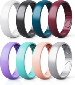 Silicone Rings for Women - Heart [I Love U] Pattern Airflow Inner Grooves Breathable Rubber Wedding Ring Silicone Wedding Bands for Women - 8 Rings / 4 Rings