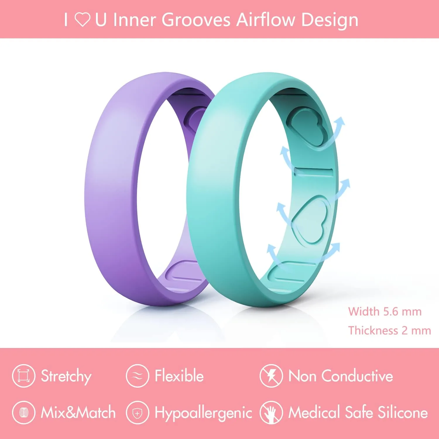 Silicone Rings for Women - Heart [I Love U] Pattern Airflow Inner Grooves Breathable Rubber Wedding Ring Silicone Wedding Bands for Women - 8 Rings / 4 Rings
