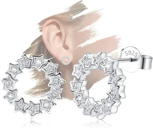 Silver Star Stud Earrings for Teen Girls Women - Sterling Silver Hollow Star Earrings Hypoallergenic Cubic Zirconia Star Post Earrings Round Star Shaped Earrings for Daughter Gifts for Christmas