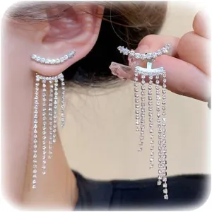 Silver Tassel Prom Earrings Long Sparkly Rhinestone Tassel Dangle Drop Earrings for Women Wedding Jewelry