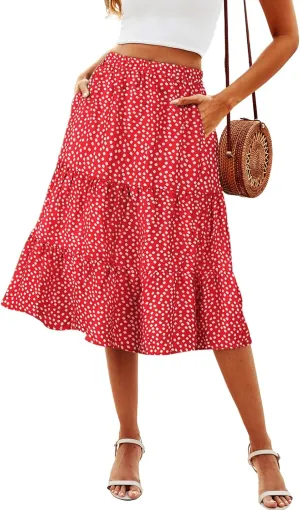 SimpleFun Red Floral Skirt for Women Dressy Elastic Waistband Pleated Flaretting Vacation Midi Skirt,M