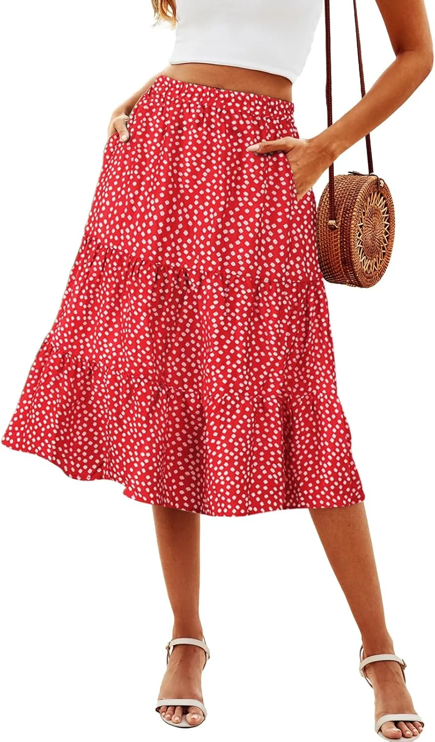 SimpleFun Red Floral Skirt for Women Dressy Elastic Waistband Pleated Flaretting Vacation Midi Skirt,M
