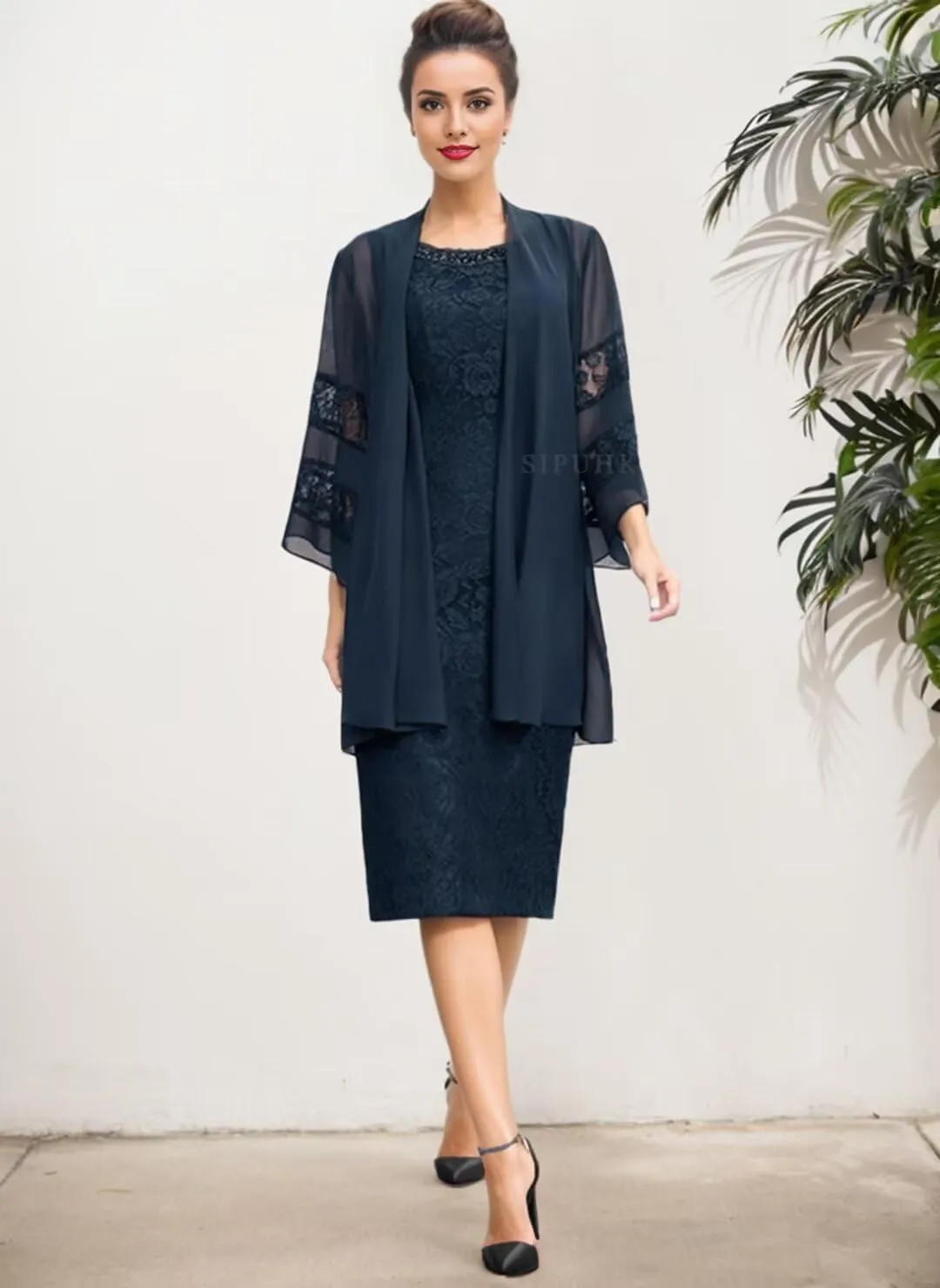 SIPUHK 2 Pieces Mother of The Bride Dresses with Jackets Lace Beaded 3/4 Sleeve Bodycon Formal Dress for Women Wedding Guest