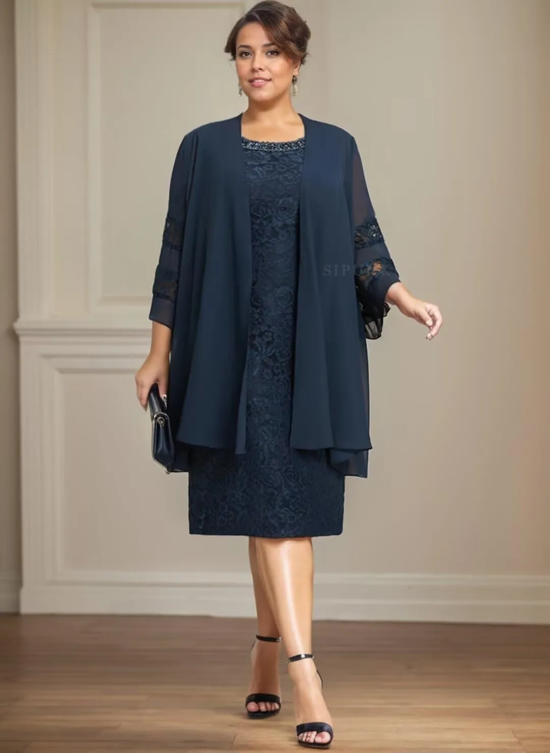 SIPUHK 2 Pieces Mother of The Bride Dresses with Jackets Lace Beaded 3/4 Sleeve Bodycon Formal Dress for Women Wedding Guest