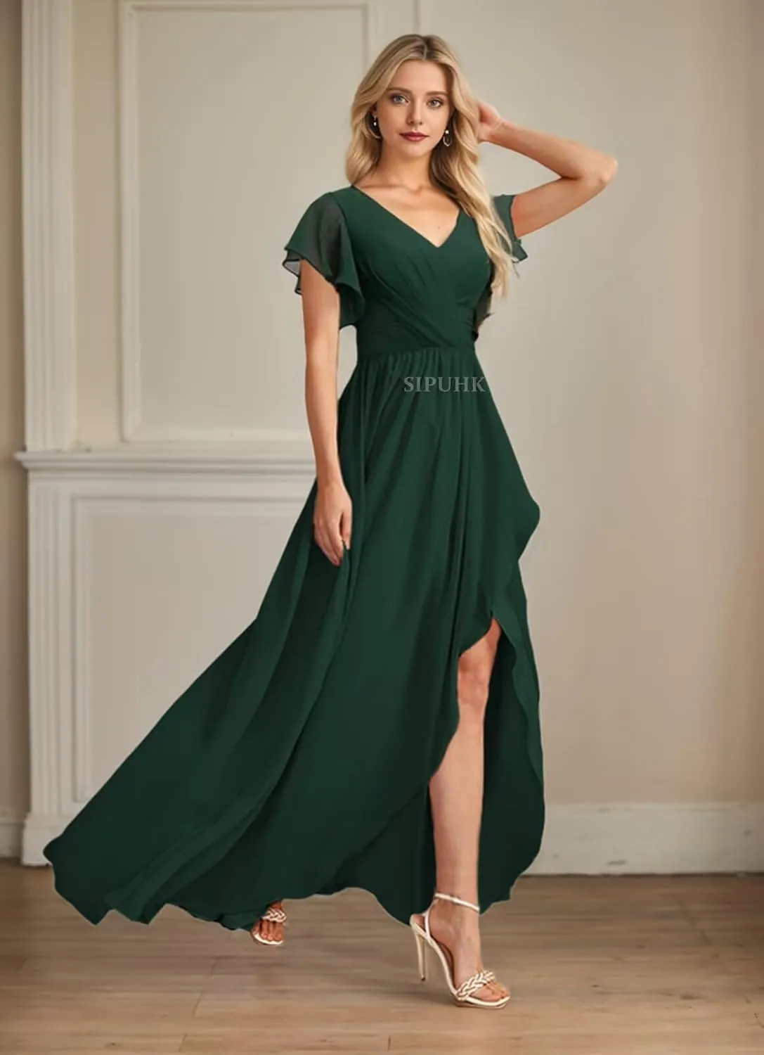SIPUHK Flowy Long Bridesmaid Dresses for Wedding Pleated Chiffon Prom Dress with Slit Cap Sleeve Formal Dresses for Women