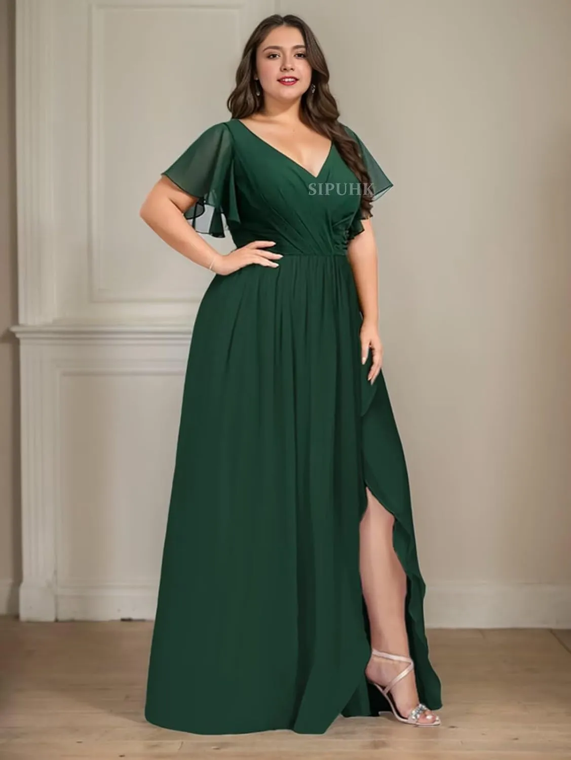 SIPUHK Flowy Long Bridesmaid Dresses for Wedding Pleated Chiffon Prom Dress with Slit Cap Sleeve Formal Dresses for Women