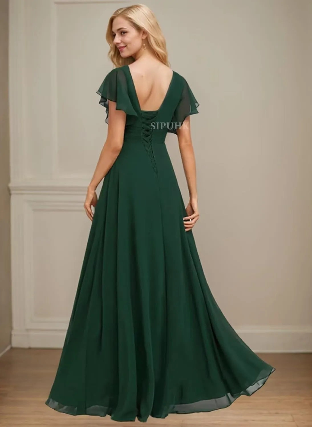 SIPUHK Flowy Long Bridesmaid Dresses for Wedding Pleated Chiffon Prom Dress with Slit Cap Sleeve Formal Dresses for Women