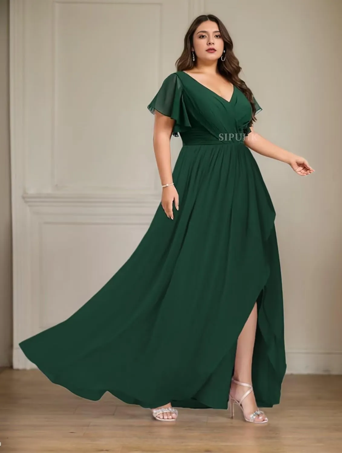SIPUHK Flowy Long Bridesmaid Dresses for Wedding Pleated Chiffon Prom Dress with Slit Cap Sleeve Formal Dresses for Women