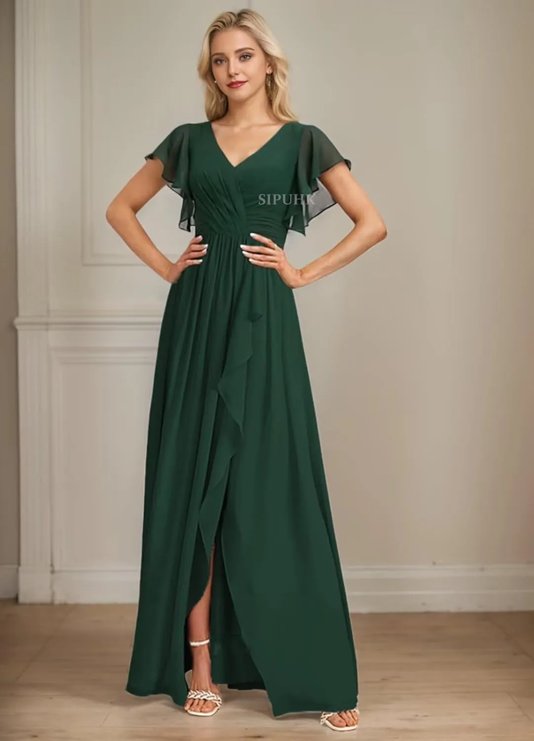 SIPUHK Flowy Long Bridesmaid Dresses for Wedding Pleated Chiffon Prom Dress with Slit Cap Sleeve Formal Dresses for Women
