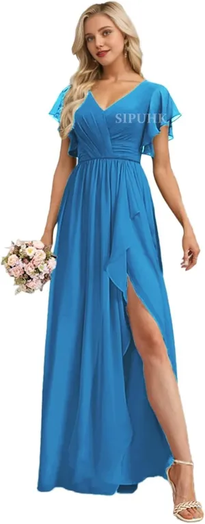 SIPUHK Flowy Long Bridesmaid Dresses for Wedding Pleated Chiffon Prom Dress with Slit Cap Sleeve Formal Dresses for Women