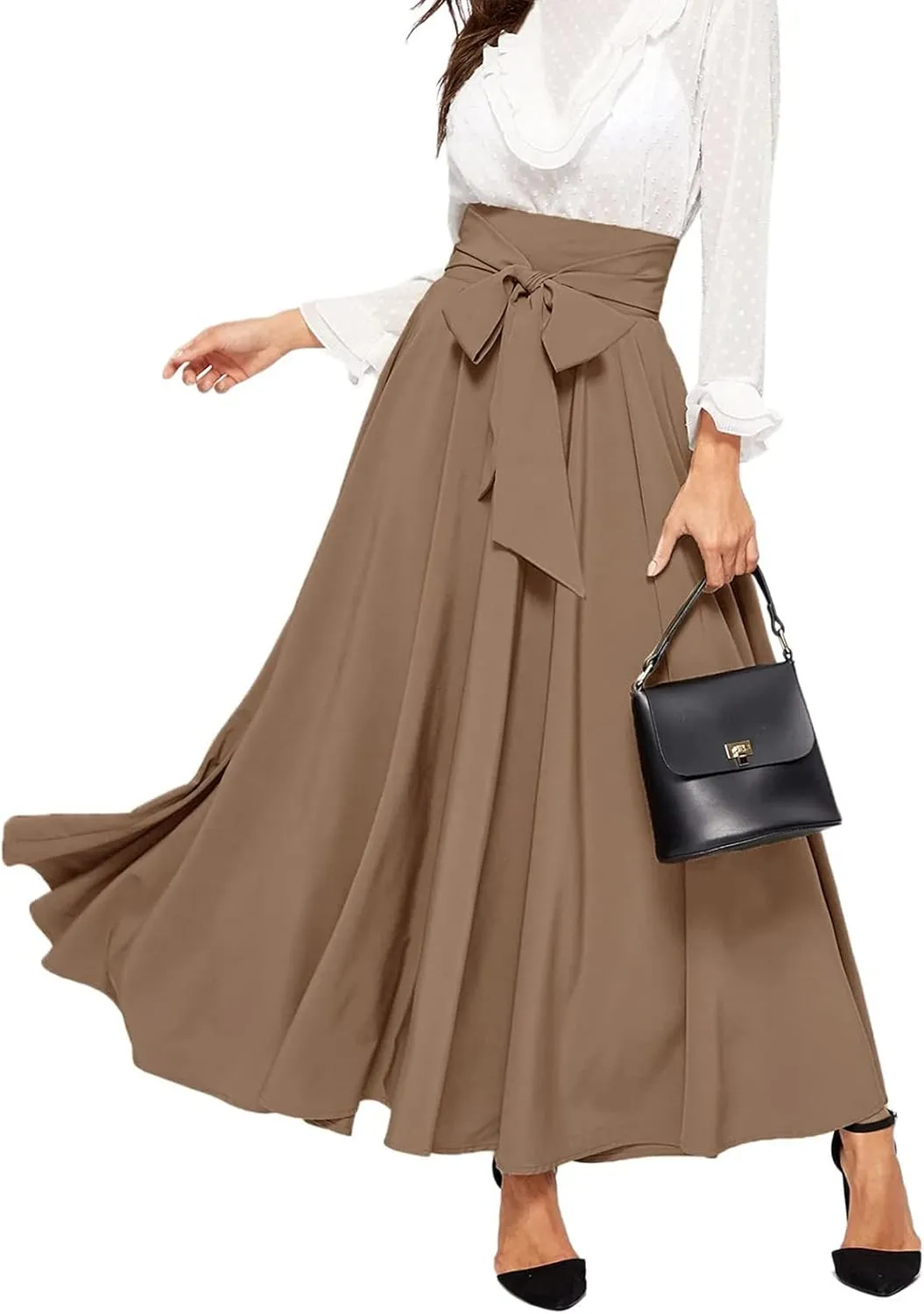 Skirts Black Women Bubble Long Skirt Y2k Flowy Swing a Line Maxi Skirt Cute Ruffle Pleated Midi Skirt