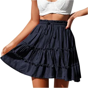 Skirts for Women 2024 Boho Summer A-Line Pleated Skirt Casual Elastic High Waist Tiered Ruffle Flowy Cute Mini Skirt
