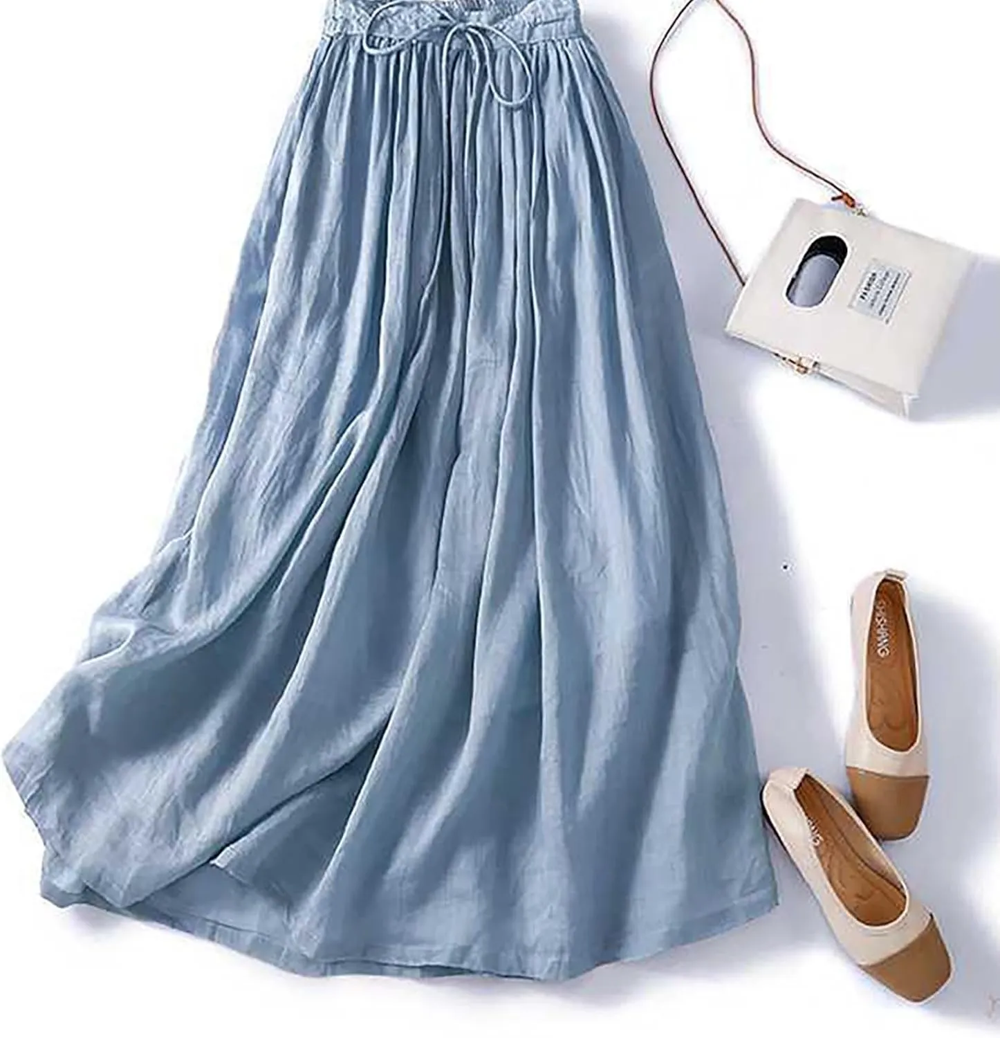 Skirts for Women A-Line Cotton Linen Flowy Skirt Casual High Waisted Comfort Skirt Fashion Drawstring Maxi Skirt