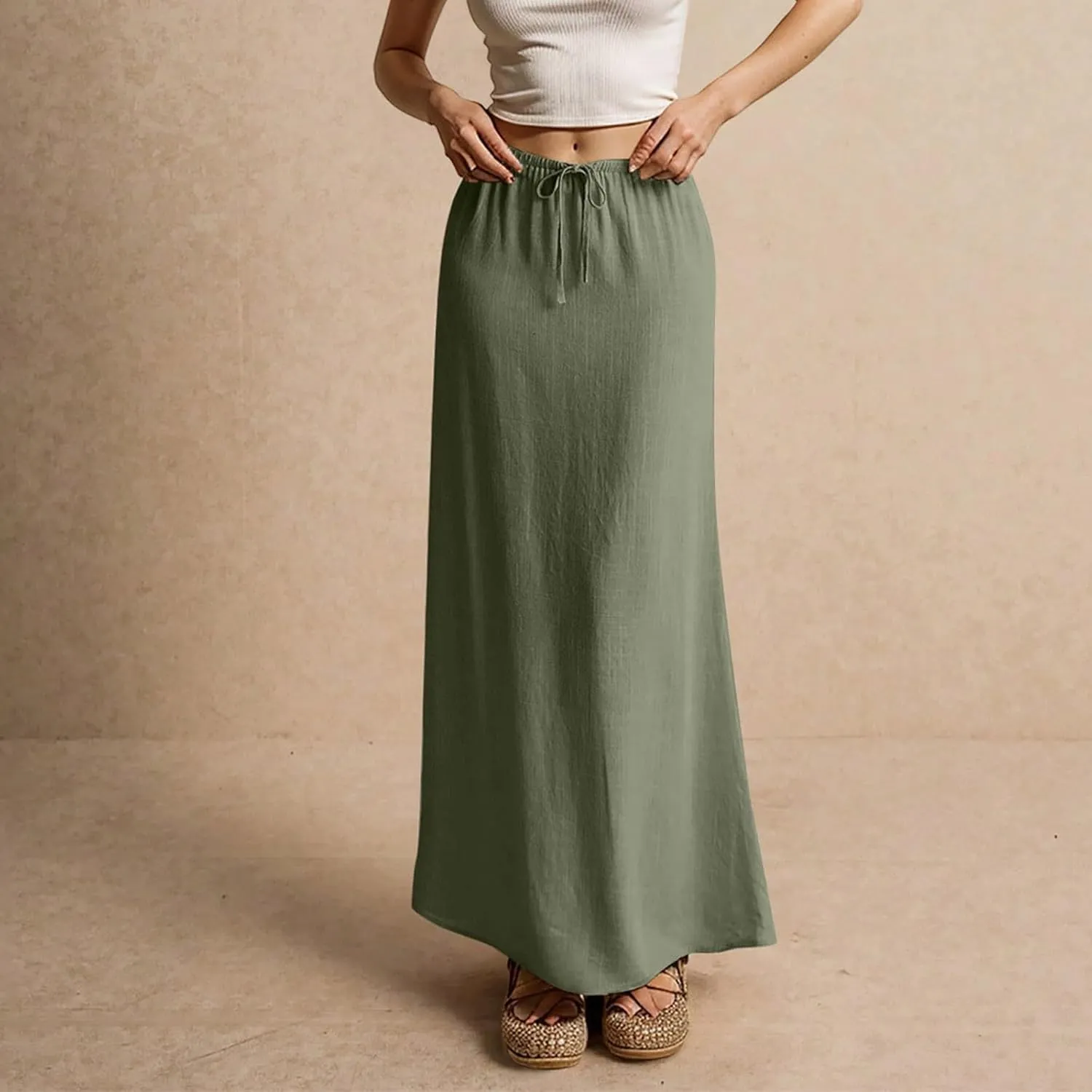Skirts for Women Summer Casual A Line Drawstring Solid Low Waist Long Flowy Maxi Trendy Vacation Skirt