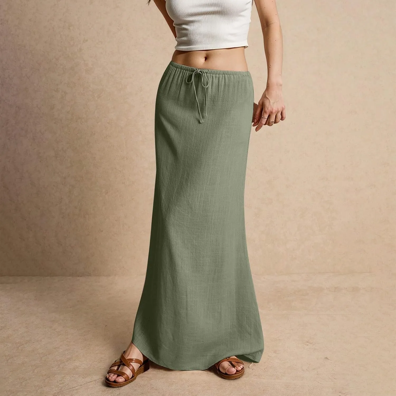 Skirts for Women Summer Casual A Line Drawstring Solid Low Waist Long Flowy Maxi Trendy Vacation Skirt