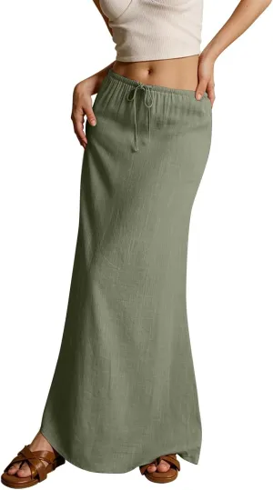 Skirts for Women Summer Casual A Line Drawstring Solid Low Waist Long Flowy Maxi Trendy Vacation Skirt