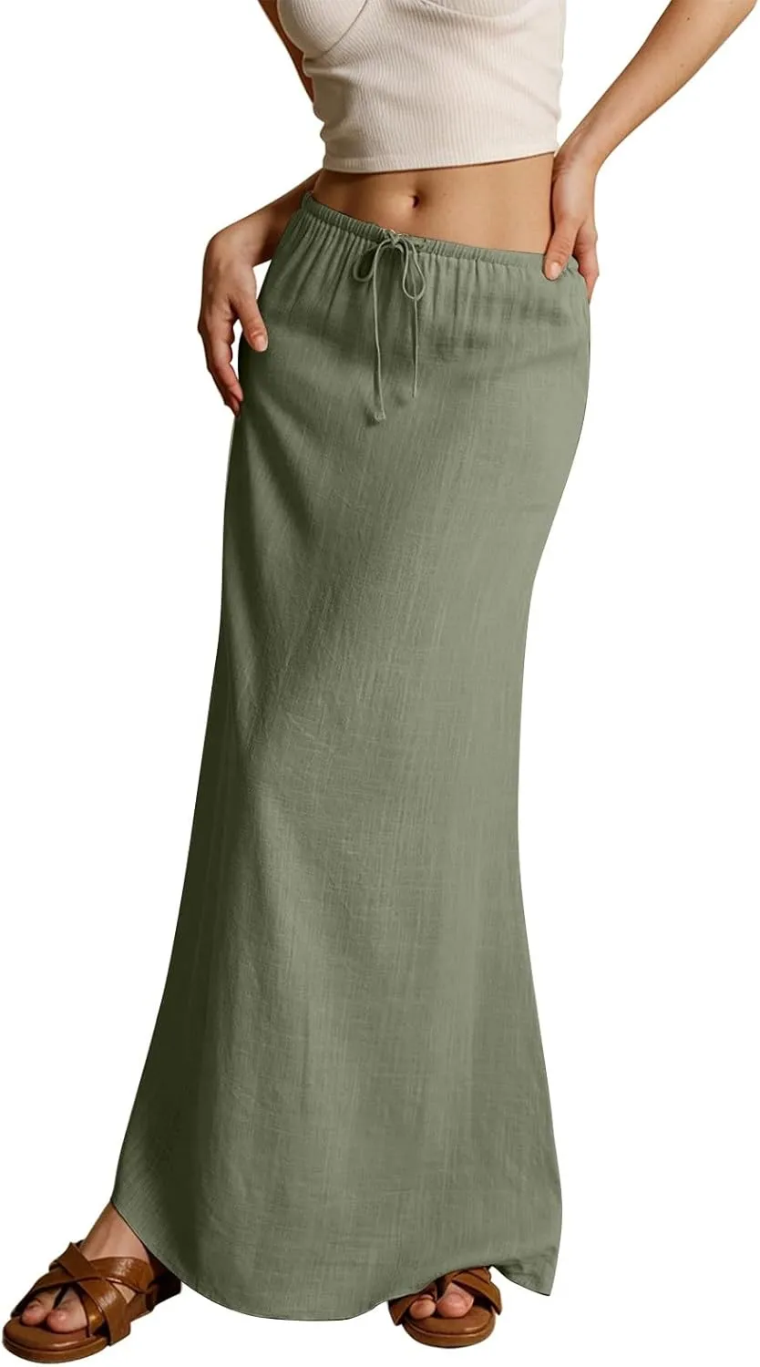 Skirts for Women Summer Casual A Line Drawstring Solid Low Waist Long Flowy Maxi Trendy Vacation Skirt